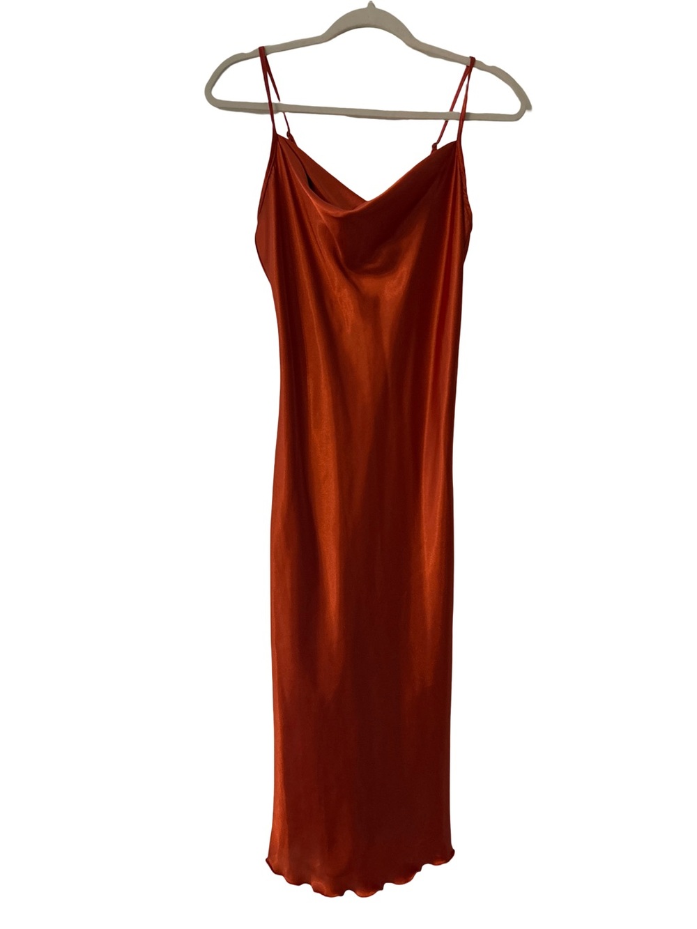 Vintage Y2K Glam Bebe Rust Orange Satin Cowl Neck Slip Dress Small Made in USA